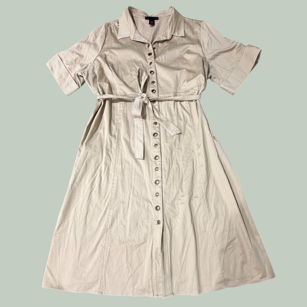 Russell Kemp Studio Womens 3X Tan Khaki Snap Front Belted Midi Shirt Dress